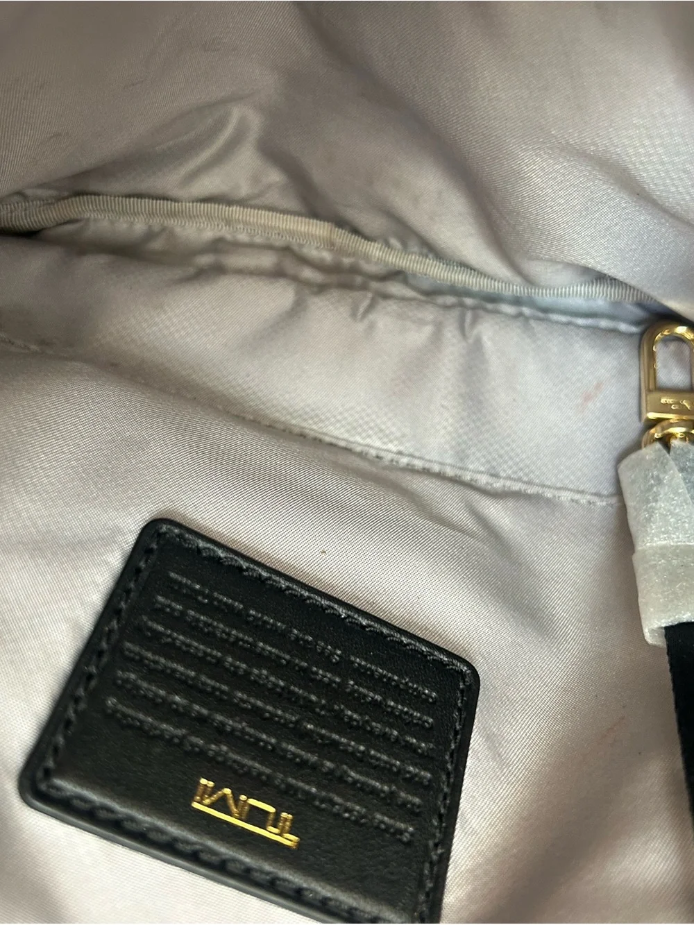 Tumi Black Leather Interior ID Patch with Gold Logo